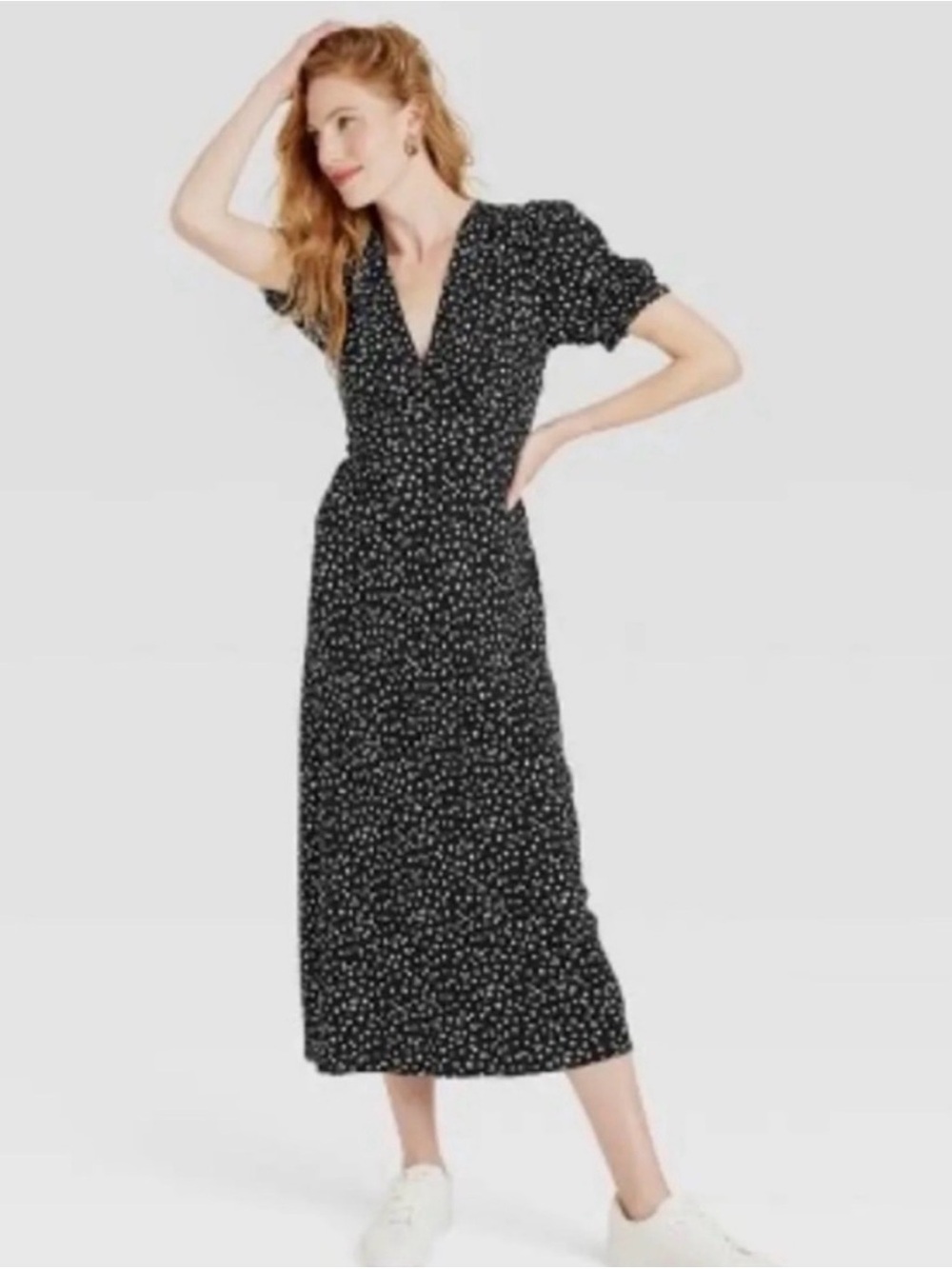Black Floral V-Neck Midi Dress